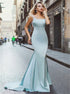 Mermaid Scoop Blue Satin Open Back Beadings Prom Dresses LBQ0369